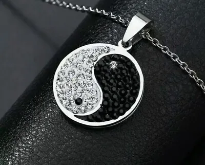 Ying And Yang Black White Crystal Necklace Pendent Stainless Steel Free Box 673 • £9.95