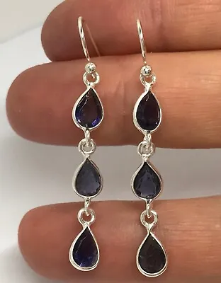 Iolite Drop Earrings Solid Sterling Silver Pear Faceted Triple. Natural Stone. • £31.99