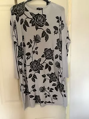 QED London Longline Sweater Top/dress Grey With Rose Motif Size M Bnwt • £3.99