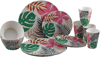 Melamine Plastic Dinner Set - Palm Leaf Design Plate Cups Bowl (16 Piece Set) • £25.99