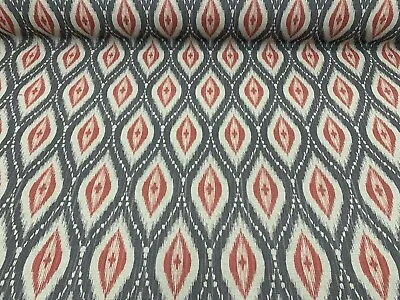 Persian Ikat Grey/Coral Red  Linen 140cm Wide Curtain/Upholstery Fabric  • £2.50