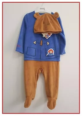 Baby Boys 6-9m Paddington Bear Velour Babygrow & Hat 2pc Set All In One NEW • £13.99