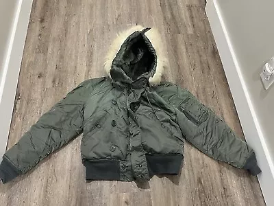 Vintage 80s Military Alpha Industries N-2B Parka M Green Jacket Fur Zip Hood • $74.95