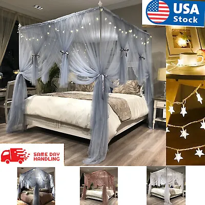 3 Door Square Bed Canopy With LED Star String Lights Mosquito Netting Curtains • $63.86