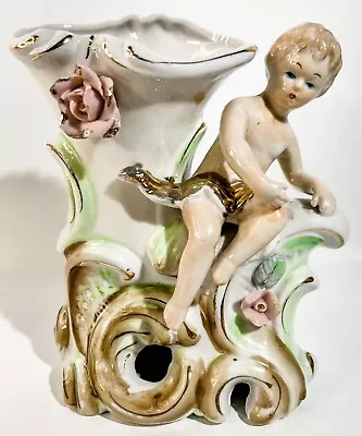 $20.99 • Buy Vintage 1950s Chase Japan Ceramic Angelic Child Cherub On Cornucopia Vase 5.75 