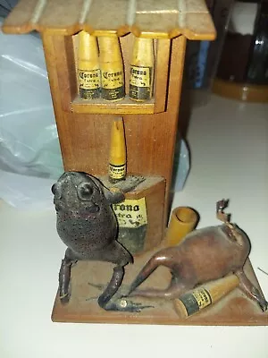 Vintage Mexican Art Taxidermy 2 Frogs Drinking Corona Beer Toothpick Holder Wood • $29.99