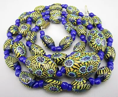 Beautiful Vintage Venetian Yellow & Blue Millefiori Glass Bead 27  Necklace  • $55