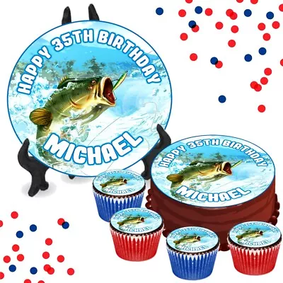 Catching Fish Blue PERSONALISED Birthday Edible Cake & Cupcake Toppers Fishing • £3.79