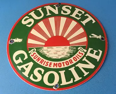 Vintage Sunset Gasoline Sign - Gas Motor Oil Pump Plate Porcelain Sign • $142.37