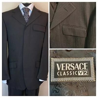 Versace Classic V2 Mens 38R/32x32 Black 4 Button Wool Pin Stripe 2 Piece Suit • $132.97