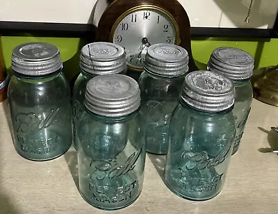 6 Ball Aqua Blue Green Vintage Regular Mouth Quart Glass Mason Jars 32 Oz • $69