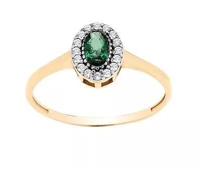 9ct Yellow Gold Emerald & Cz Oval Cluster Ring - Size J K L M N O P Q R S • £64.95