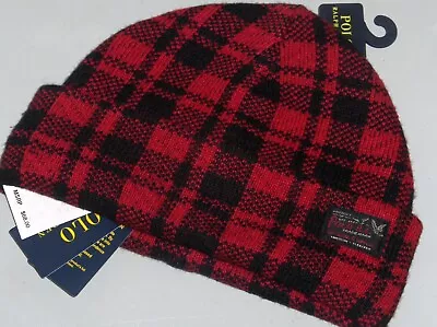 POLO RALPH LAUREN Men's Wool Brushed Plaid Beanie Hat Cap RL Label BLACK RED • $55.96