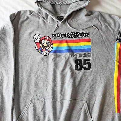 Nintendo Super Mario Bros 85 Hoodie Mens Size XXL Grey Striped Hooded Sweatshirt • $19.49