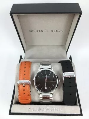NEW Michael Kors Irving Silver Watch Men's Gift Set Black & Brown Bands MK8841 • $123.99