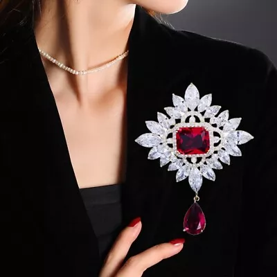 Classic Red Flower Teardrop Zircon Crystal Woman's Pendant Brooch Pin • $6.83