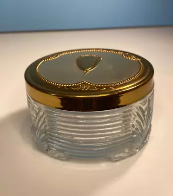 Art Deco Vanity Loose Powder Jar Vintage Glass Style Gold Metal Lid  3.5” • $14.50