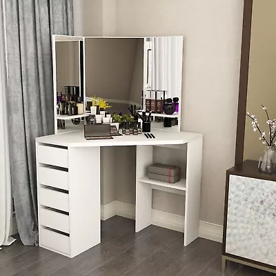 Corner Vanity Desk With 3 Mirrors & 5 Drawers Makeup Desk Dresser Bedroom White • $229.99