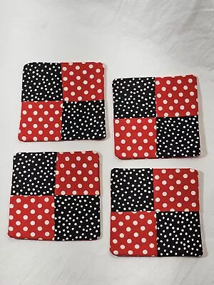 $5 • Buy Set Of 4 Red & Black/White Poka Dots Coke/Minnie Themed Handmade Fabric Coasters