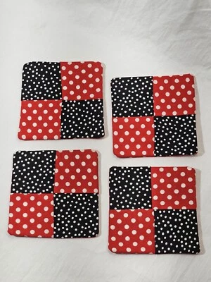 $5 • Buy Set Of 4 Red & Black/White Poka Dots Coke/Minnie Themed Handmade Fabric Coasters