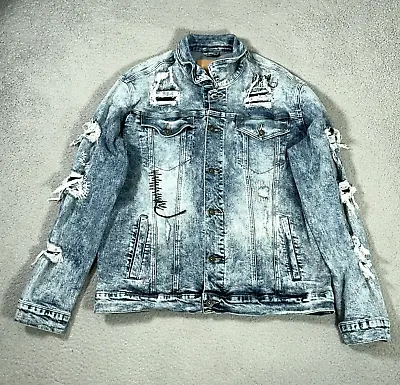 Smoke Rise Denim Jacket Mens 2XL Blue Jean Acid Washed Trashed Distressed Torn • $42.99