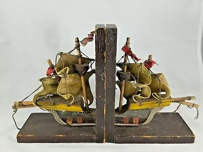 Vintage Wood Hand Crafted Pirate Sail Ship Book Ends Nautical Rope Boats • $16.99