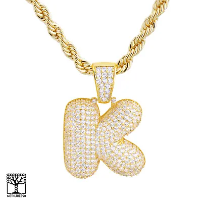 $20.99 • Buy K Initial Custom Bubble Letter Gold Plated Iced CZ Pendant 24  Chain Necklace 