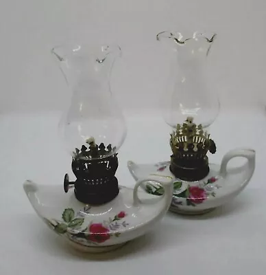 Pair Of Moss Rose Mini Bedside Oil Kerosene Lamps Ruffled Globe 40s - 50s Japan • $30