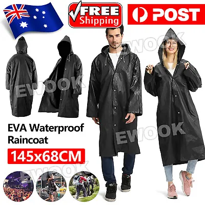 Waterproof Raincoat Jacket Black Mens Womens Long Hooded Rainwear EVA Rain Coat • $8.85