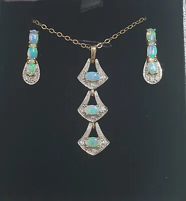 9ct 375 Yellow Gold Oval Opal Articulated Drop Pendant Necklace Earrings Set • £260