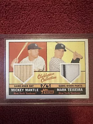 2010 Topps Heritage Clubhouse Dual Relic Micky Mantle/ Mark Teixeira 7/61 • $445