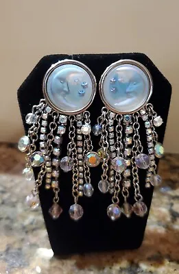 Vintage Kirks Folly Crystal Iridescent Crescent Moon Rhinestone Dangle Earrings • $99