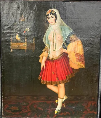 Persian Qajar Period Oil Painting On Canvas Woman With Birdcage Framed • $23360