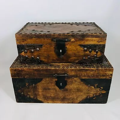 2 Wooden Nesting Storage Chest Boxes Steampunk Style Metal Studs Overlay Handles • $149.96