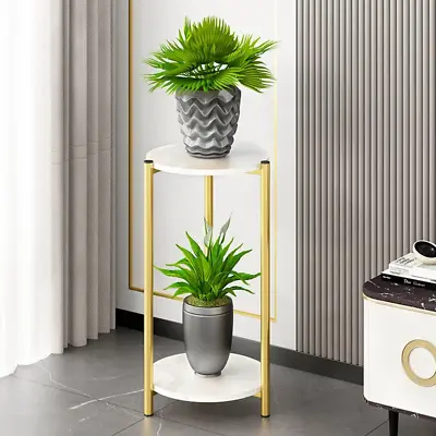 90cm Plant Stand Plant Holder Tall Side End Table 2-Tier With Golden Metal Frame • £23.99