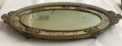 Vintage Ornate Oval Gold Plated Filigree Trim Mirrored Vanity Tray • $35