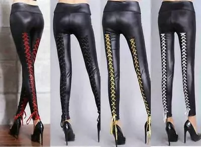 Women's PU Leather Lace Up High Waist Leggings Slim Long Pants Trousers Clubwear • £21.59