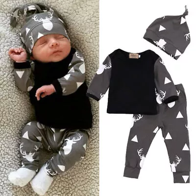 3Pcs/set Newborn Infant Baby Boys Clothes Long Sleeve T-Shirt Pants Hat Outfits~ • £11.79