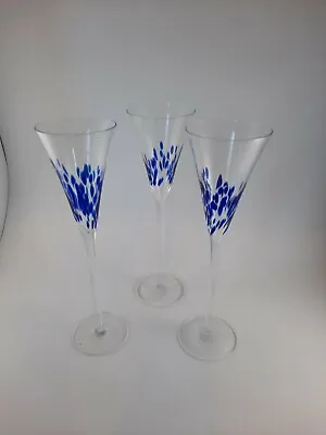 3 Cobalt Blue Confetti Splash Hand Blown Art Glass Champagne Flute Glasses • $29.99