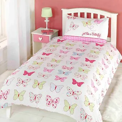 £9.99 • Buy Butterfly Fly Up High Double Bedding Set Duvet Cover Set Girls Pink Polka Dots