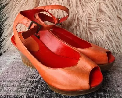  Faith  ~ Ladies Coral Leather Peep Toe Slingback Wedges ~ Size 5 • £5