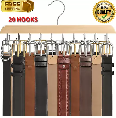 Belt Hanger (Wooden 20Hooks) Closet Organizer For Ties360° NATURAL FREE SHIPP • $13.49