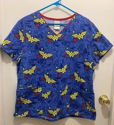 DC Comics Wonder Woman Scrub Top Womens Size L Blue 3 Pockets • $16.99