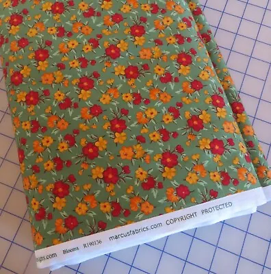 By The Yard Flowers On Green Cotton By Marcus $3.99 Ships ANY Amount Of Fabric • $7.98