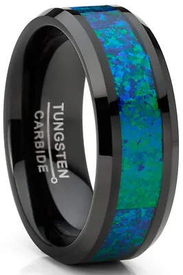 Men's Black Tungsten Carbide Wedding Band Ring Blue Green Crushed Opal 8MM • $24.99