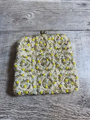 VINTAGE DELILL WHITE BEADED COIN PURSE - SATIN-LINED - Handmade In Japan • $18