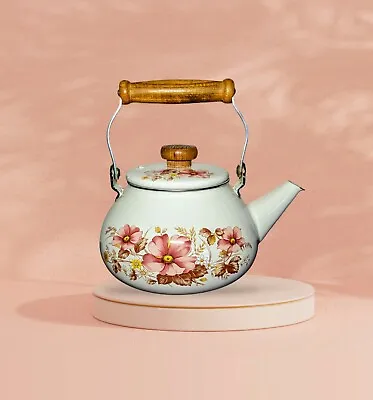 VINTAGE White Enamel FLORAL TEAPOT Water KETTLE Coral Orange Wooden Handle • $25.99