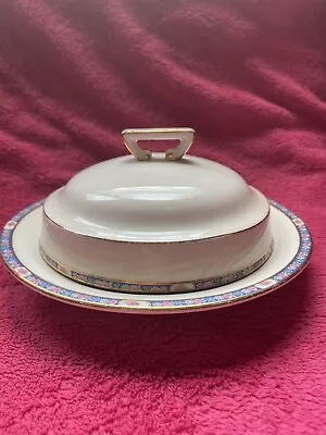 Vintage Derwood W.S GEORGE Covered Butter Dish Rose Chain Blue Gold Rim Pattern • $4