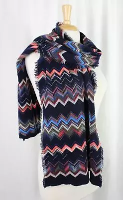 Missoni Auth Navy Blue Multi Orange Label Zig Zag Wool Knit Scarf Fringed Edges • $129