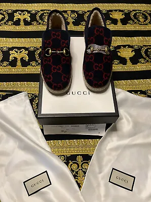 $699.99 • Buy NEW IN BOX Gucci Fria Wool Monogram GG Logo Blue & Red Loafer Slippers Sz G 37.5